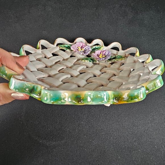 Vintage Italy Majolica Handcrafted Open Weave Ceramic Shallow Bowl Purple Floral - Picture 9 of 12